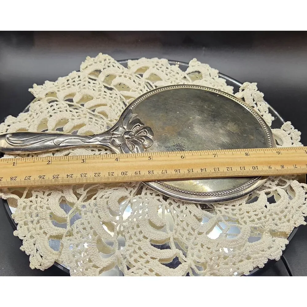 Heavy Vintage Antique Silver Plated Ornate Vanity Hand Mirror 8.75” x 5”
